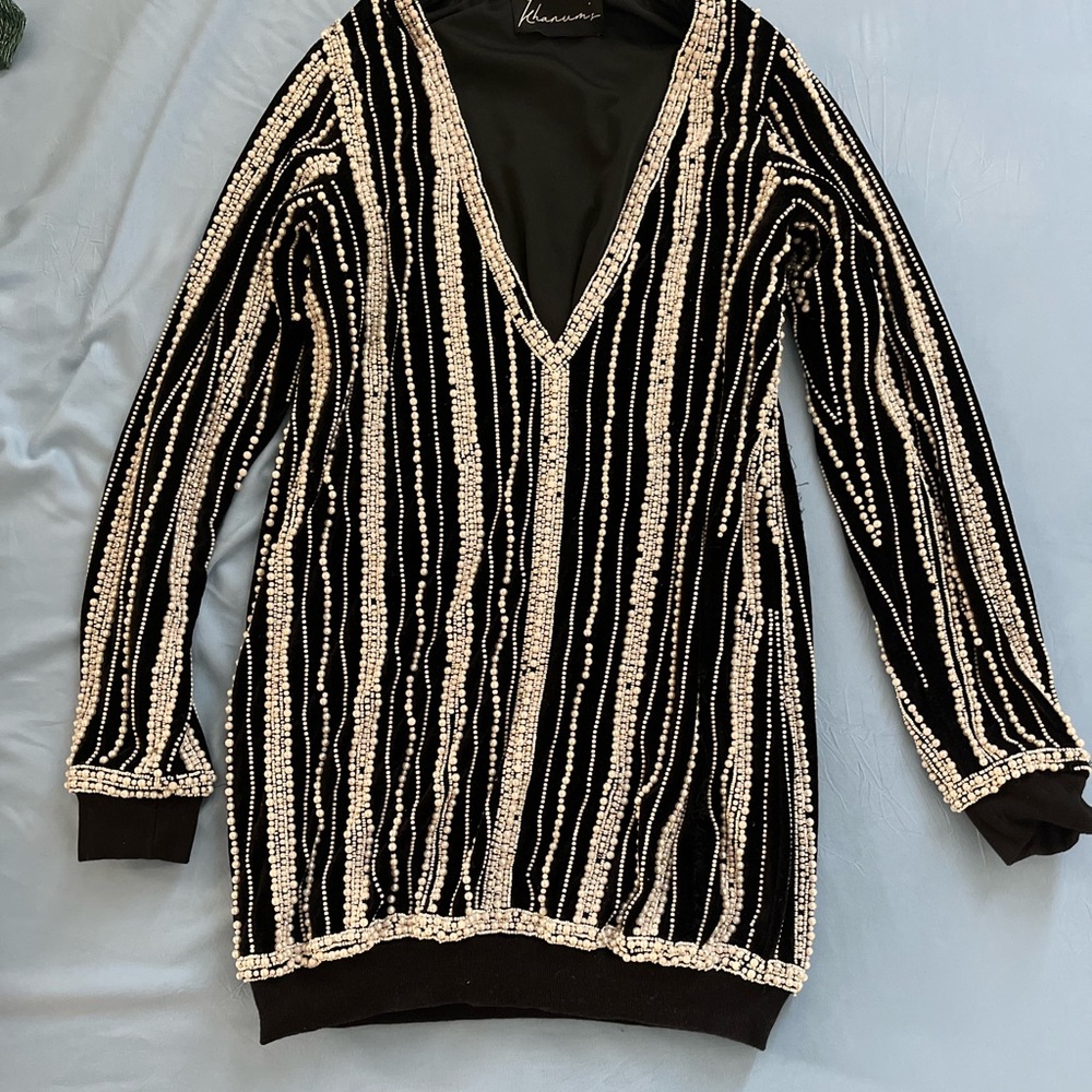 US 6 #khanums #minidress #pearl #sparky #diamante #velvet #longsleeve #black